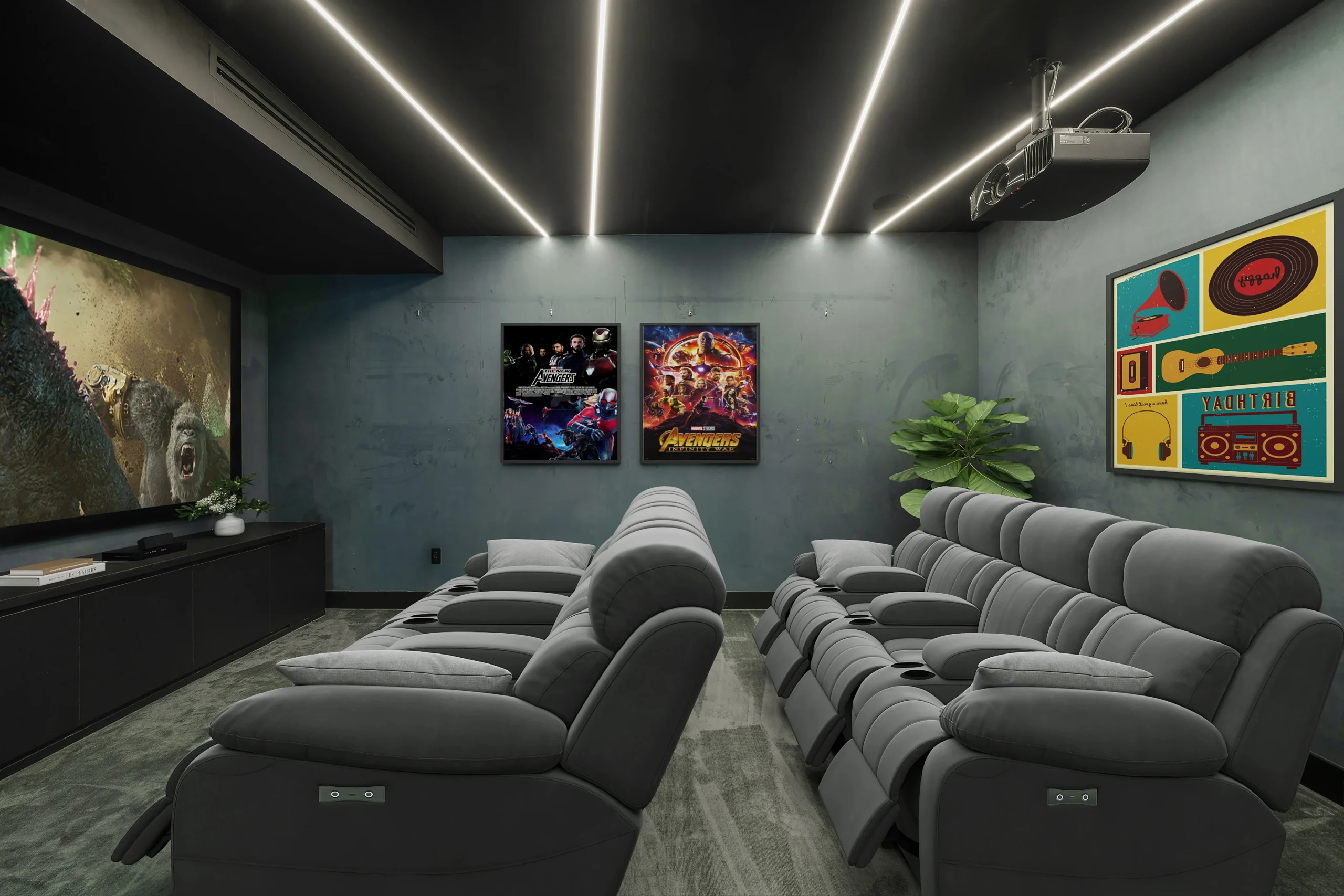 Private home theater with reclining seats and modern decor in luxury Pinecrest residence